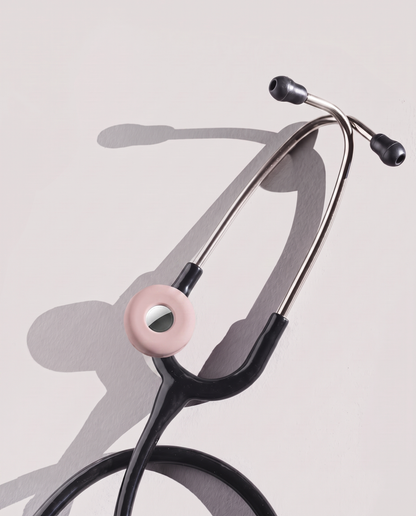 MotivatEM Stethoscope AirTag Holder in Blush Pink on a black Littmann stethoscope