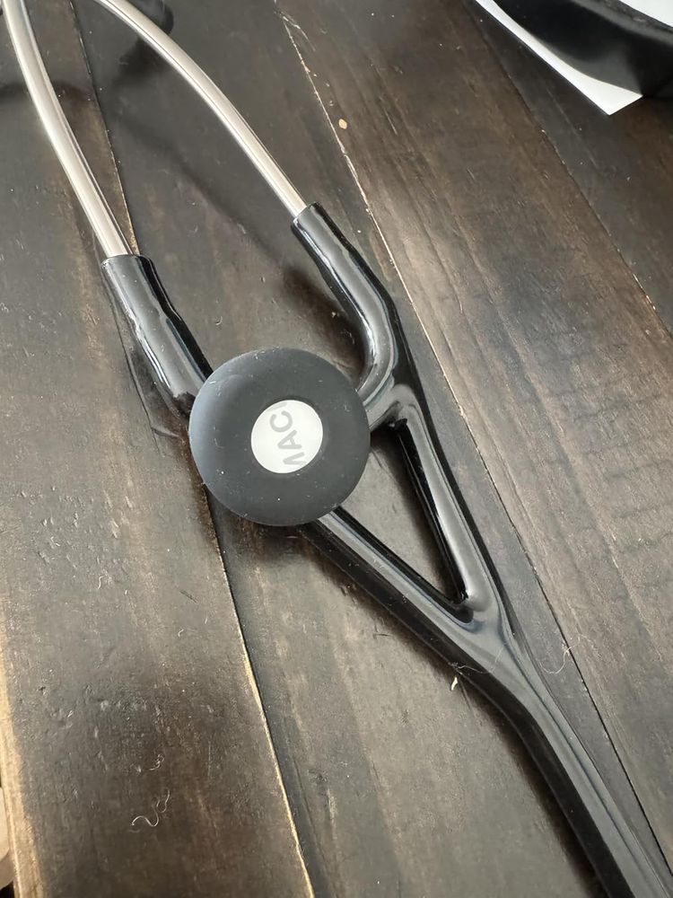 Customer photo: AirTag holder installed at the center of a dual-tube stethoscope